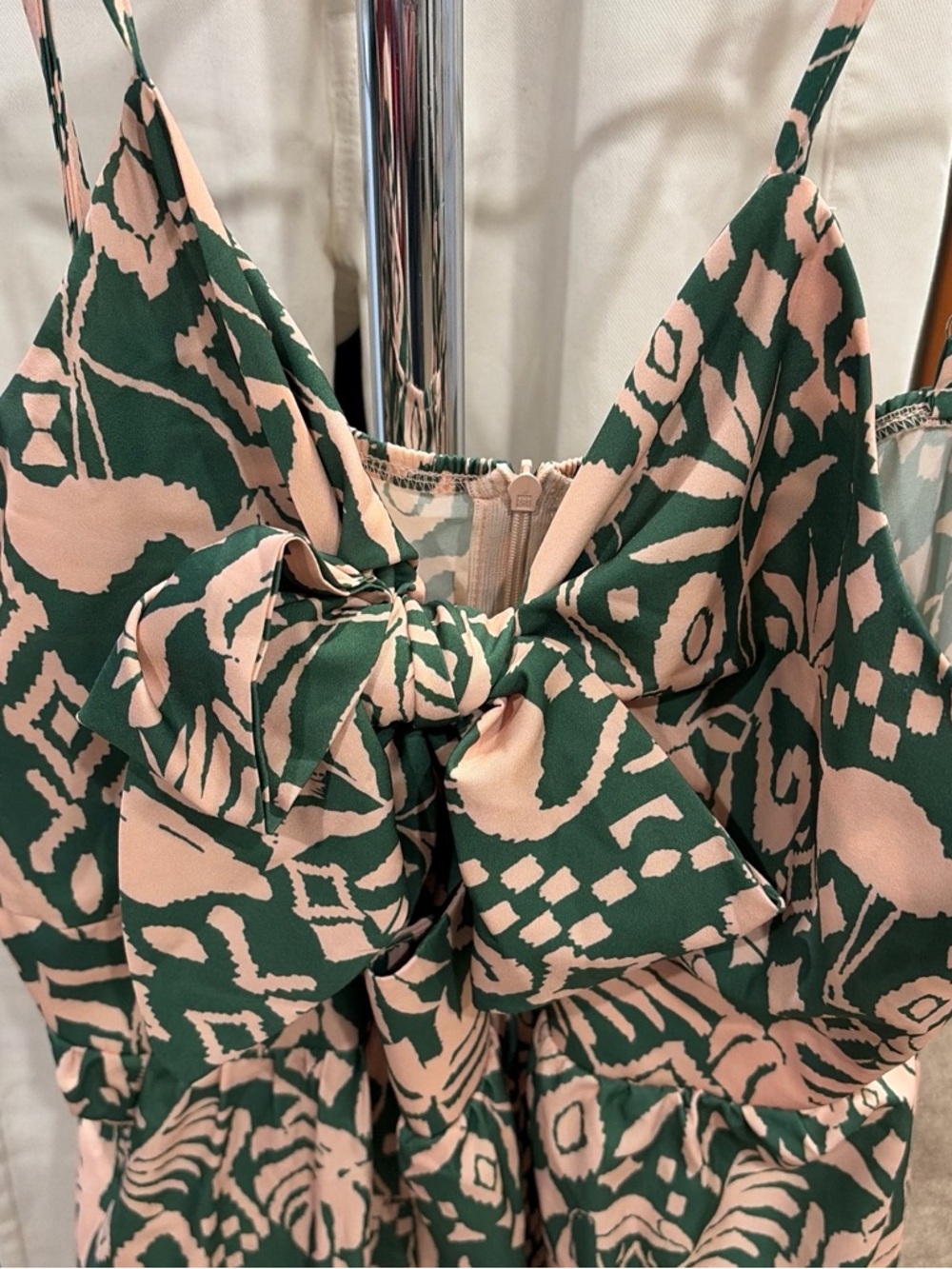 Source Unknown Green and Tan Midi Dress with Front Bow